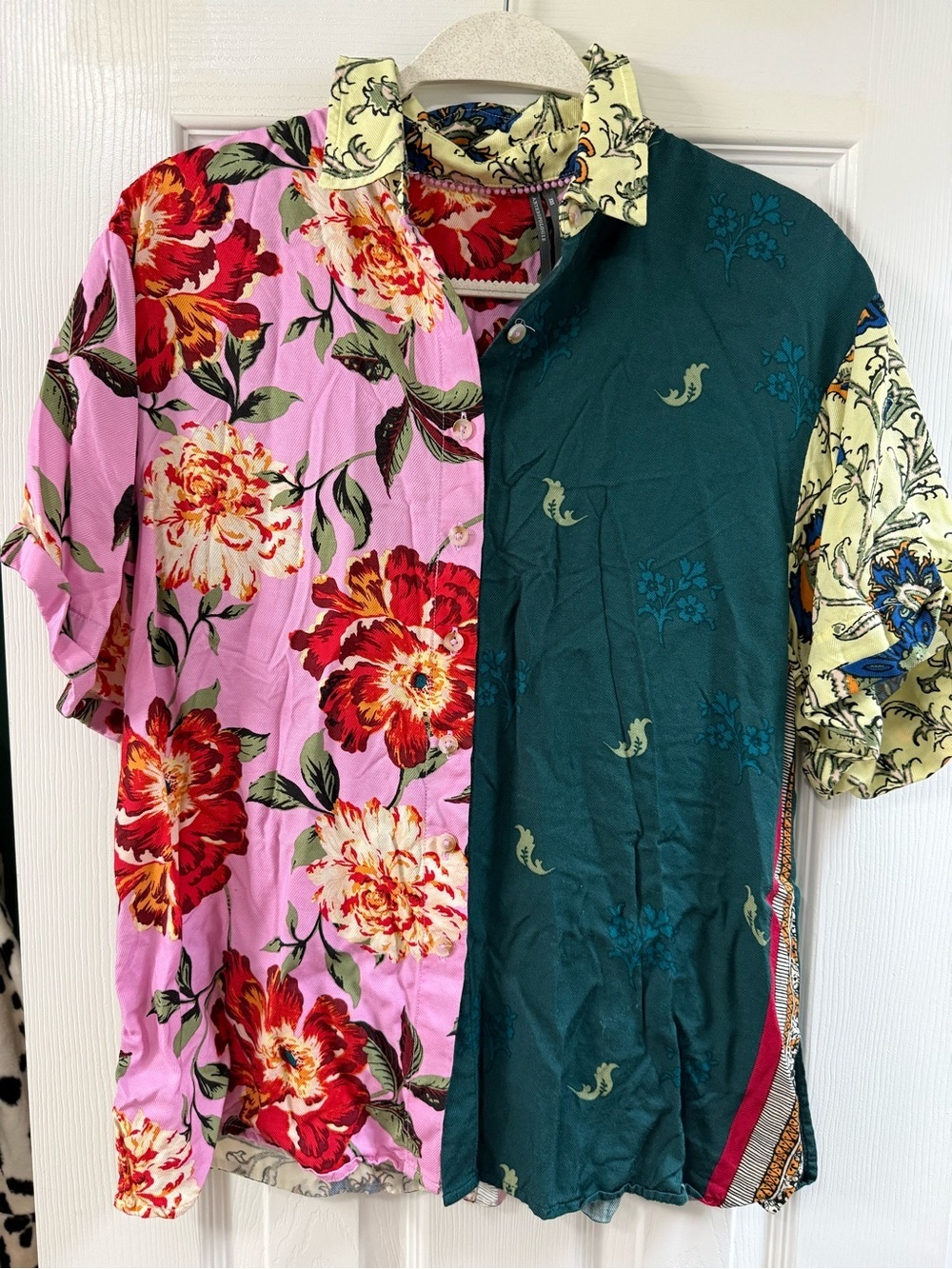 Anthropologie Patchwork Floral Button-Down Shirt in Pink, Green & Cream